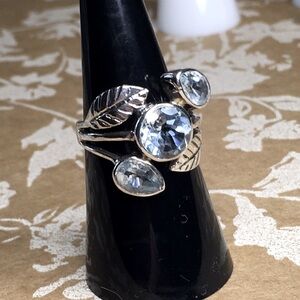SALE Sterling Silver Leaf Design Ring with Blue Topaz Stones